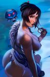  ass breasts brown_hair eva_solo eyewear_in_mouth eyewear_removed fur_coat fur_trim glasses hair_bun hair_ornament hair_stick highres holding holding_eyewear large_breasts looking_at_viewer mei_(overwatch) mouth_hold nipples overwatch solo 