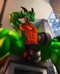  2016 abs anthro balls balls_slip blue_eyes body_hair bulge clothing danza dragon dumbbell exercise fur glowing glowing_eyes green_scales grin hand_behind_head happy_trail horn looking_at_viewer low-angle_view male multicolored_scales muscular muscular_male orange_countershading orange_fur orange_scales pecs rhys scales scalie sharp_teeth sitting solo spread_legs spreading teeth thong two_tone_scales weights workout 
