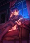  armchair bangs blue_hair blush book breasts chair chuunibyou crossed_legs curtains from_below grimoire grin hair_bun hand_on_own_face indoors legs long_hair long_sleeves looking_at_viewer love_live! love_live!_sunshine!! medium_breasts nagareboshi neck_ribbon open_book open_mouth painting_(object) puffy_sleeves purple_eyes ribbon sitting skirt smile solo star_(sky) thighhighs tsushima_yoshiko window 