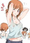  akiyama_yukari alternate_hairstyle armpits brown_eyes brown_hair casual girls_und_panzer hibimegane highres multiple_girls nishizumi_miho one_eye_closed ponytail short_hair takebe_saori tank_top translated 