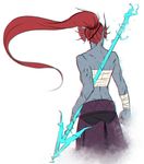  arm_wrap blue_skin claws cowboy_shot energy_spear energy_weapon from_behind gills head_fins long_hair marin_(everydaybox) monster_girl polearm ponytail red_hair sarashi scar simple_background solo spear undertale undyne very_long_hair weapon white_background 
