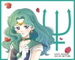  aqua_hair bishoujo_senshi_sailor_moon blue_bow blue_eyes bow brooch character_name choker earrings gloves jewelry kaiou_michiru koya long_hair looking_at_viewer neptune_symbol petals sailor_collar sailor_neptune sailor_senshi_uniform smile solo tiara upper_body white_background white_gloves 