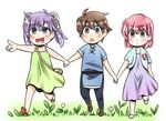  2girls :d :o blue_eyes blush brown_hair butz_klauser commentary_request faris_scherwiz final_fantasy final_fantasy_v green_eyes holding_hands lenna_charlotte_tycoon mabo-udon multiple_girls open_mouth pink_hair purple_hair short_hair siblings sisters smile twintails younger 