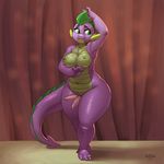  2016 animal_genitalia animal_penis anthro armpits breasts claws crossgender cute_fangs dickgirl dragon friendship_is_magic front_view genital_slit green_eyes hemipenes intersex inverted_nipples kevinsano multi_penis my_little_pony navel nipples penis plantigrade precum purple_scales raised_arm scales scalie slightly_chubby slit smile solo spike_(mlp) stage standing tapering_penis thick_thighs toe_claws wide_hips 