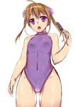  ahoge ass_visible_through_thighs bad_id bad_pixiv_id blonde_hair chiha_(abo_ecm_mk25) covered_navel food hair_ribbon highres long_hair one-piece_swimsuit original popsicle purple_eyes purple_swimsuit ribbon solo standing swimsuit twintails 