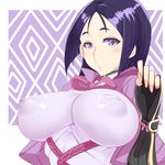  arm_guards black_gloves blue_hair blush bodysuit breasts covered_nipples fate/grand_order fate_(series) fingerless_gloves from_side gloves hand_up impossible_bodysuit impossible_clothes katuhata large_breasts long_hair looking_at_viewer minamoto_no_raikou_(fate/grand_order) parted_lips puffy_nipples purple_eyes rope skin_tight solo turtleneck upper_body 