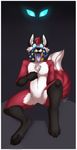  2016 4_toes 5_fingers anthro big_tail black_background black_fur black_nose black_pawpads blue_eyes border boxers_(clothing) canine chest_tuft citrinelle claws clothing collar digital_media_(artwork) dipstick_tail featureless_crotch fluffy fluffy_tail fox front_view fur glowing glowing_eyes hi_res hindpaw hypnosis looking_at_viewer male mammal mind_control multicolored_fur multicolored_tail naturally_censored nude open_mouth pawpads paws red_fur signature simple_background sitting solo spiral_eyes toe_claws toes tongue tongue_out tuft underwear unseen_character white_border white_fur zoru 