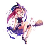  adjusting_clothes adjusting_hat black_footwear bow broom broom_riding brown_eyes cosplay full_body hat hat_bow highres isillia_(soccer_spirits) kirisame_marisa kirisame_marisa_(cosplay) long_hair looking_at_viewer mary_janes natsumoka purple_bow purple_hair shoes sidesaddle smile soccer_spirits socks solo star touhou transparent_background white_legwear witch_hat 