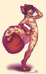  anthro butt fangs feline looking_at_viewer lukiri male mammal nude open_mouth simple_background smile solo spots standing teeth tongue white_background 