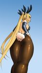  ass blazblue blonde_hair blue_background borvar breasts bunny_tail bunnysuit gradient gradient_background highres long_hair looking_at_viewer looking_back looking_down pantyhose rachel_alucard small_breasts solo tail thighs twintails very_long_hair white_background 
