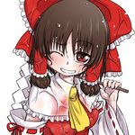  ;) bow brown_hair clenched_teeth covered_nipples detached_sleeves eyebrows eyebrows_visible_through_hair gohei grin hair_bow hair_tubes hakurei_reimu hanya_(hanya_yashiki) looking_at_viewer one_eye_closed red_bow red_eyes short_hair smile solo teeth touhou upper_body wet wet_clothes 