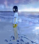  artist_name barefoot beach black_eyes black_hair blurry closed_mouth depth_of_field holding looking_at_viewer loundraw nijuuyon_no_hitomi outdoors shirt short_sleeves shorts signature solo standing stick water white_shirt yellow_shorts 