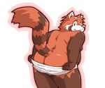  2016 anthro blush briefs butt clothing futaba_kotobuki looking_back male mammal mooning overweight raised_tail red_panda simple_background solo takaki_takashi tanuki tongue tongue_out underwear underwear_down undressing white_background 