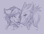  &lt;3 ambiguous_gender collar duo eyes_closed feline looking_at_viewer lukiri mammal monochrome sergal simple_background smile tongue tongue_out 