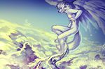  anthro canine cloud feathered_wings feathers flying fur hybrid lukiri male mammal outside smile solo white_fur wings 