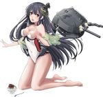  bare_shoulders barefoot bikini black_hair breasts broken covered_navel food frilled_swimsuit frills full_body fusou_(kantai_collection) hair_ornament headgear kantai_collection kneeling long_hair looking_at_viewer machinery medium_breasts official_art one-piece_swimsuit open_mouth red_eyes rikka_(rikka331) solo spoon swimsuit torn_clothes torn_swimsuit transparent_background turret very_long_hair 