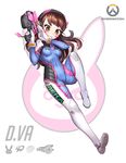  alpaca_sama animal_print bangs bodysuit boots bracer breasts brown_eyes brown_hair bunny_print character_name charm_(object) copyright_name covered_navel d.va_(overwatch) emblem facepaint facial_mark gloves gun handgun hands_up headphones highres holding holding_gun holding_weapon logo long_hair long_sleeves medium_breasts overwatch pauldrons pilot_suit ribbed_bodysuit shoulder_pads skin_tight smile solo thigh_boots thigh_strap thighhighs turtleneck weapon whisker_markings white_footwear white_gloves 