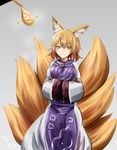  aburaage animal_ears bad_id bad_pixiv_id blonde_hair commentary_request dress drooling food fox_ears fox_tail hands_in_opposite_sleeves highres houdukixx kyuubi long_sleeves multiple_tails no_hat no_headwear short_hair solo sparkle tabard tail touhou white_dress wide_sleeves yakumo_ran yellow_eyes 