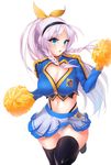  black_legwear blue_eyes bow breasts cheerleader cleavage cleavage_cutout crop_top hair_bow hairband huge_breasts midriff moing navel noa_(soccer_spirits) open_mouth pom_poms shiny shiny_skin skindentation skirt soccer_spirits solo thighhighs underwear white_hair yellow_bow 