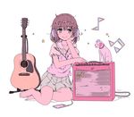  acoustic_guitar amplifier animal bad_id bad_pixiv_id barefoot beamed_eighth_notes blush brown_hair chin_rest closed_mouth collar collarbone dog eighth_note eyewear_on_head full_body green_eyes grey_skirt guitar hair_ornament hairclip headphones highres instrument messy_hair musical_note original pink_shirt pleated_skirt puffy_short_sleeves puffy_sleeves qria shirt short_sleeves simple_background sitting skirt smile star tongue tongue_out white_background 