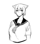  breasts fuchibeppu_chiyuri fukumaaya greyscale hair_flaps large_breasts monochrome original school_uniform serafuku short_hair short_sleeves simple_background solo upper_body white_background 