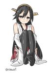  arms_between_legs bangs black_eyes black_hair black_legwear blush closed_mouth collarbone detached_sleeves ebifurya eyebrows full_body hair_between_eyes haruna_(kantai_collection) highres kantai_collection knees_up legs_together long_hair looking_at_viewer no_shoes nontraditional_miko red_skirt simple_background sitting skirt smile solo thighhighs twitter_username white_background 