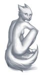  anthro breasts featureless_breasts feline female looking_at_viewer looking_back lukiri mammal monochrome nude simple_background sitting solo tasteful_nudity white_background 