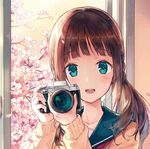  :d bangs blunt_bangs brown_hair camera cherry_blossoms collarbone eyebrows eyebrows_visible_through_hair green_eyes hiten_(hitenkei) holding holding_camera indoors long_hair long_sleeves looking_at_viewer low_twintails lowres open_mouth original plant round_teeth school_uniform serafuku shirt smile solo spring_(season) tareme teeth tree twintails upper_body window yellow_shirt 