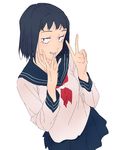  black_hair blue_eyes blue_skirt collarbone constricted_pupils eyelashes grin highres kotobukidaifuku kurata_tome long_sleeves miniskirt mob_psycho_100 school_uniform serafuku short_hair simple_background skirt smile solo v white_background 