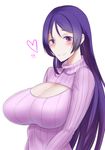  1nilla' breasts cleavage fate/grand_order fate_(series) heart huge_breasts looking_at_viewer meme_attire minamoto_no_raikou_(fate/grand_order) open-chest_sweater purple_eyes purple_hair ribbed_sweater simple_background smile solo sweater turtleneck white_background 