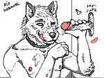  anthro bathroom canine clothed clothing collar cum cum_on_chest cum_on_face flipnote_studio glory_hole low_res male male/male mammal nintendo oral penis public_restroom sepulte topless video_games 