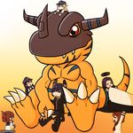  akatsuki_(kantai_collection) black_hair brown_hair commentary crossover digimon digimon_adventure eyepatch folded_ponytail greymon hair_ornament hairclip hat headgear hibiki_(kantai_collection) ikazuchi_(kantai_collection) inazuma_(kantai_collection) kantai_collection long_hair multiple_girls non-human_admiral_(kantai_collection) pleated_skirt red_eyes rukotaro school_uniform serafuku short_hair silver_hair sitting skirt tatsuta_(kantai_collection) tenryuu_(kantai_collection) 