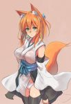  1girl animal_ear_fluff animal_ears aqua_sash bangs bare_shoulders beige_background breasts closed_mouth commentary_request detached_sleeves expressionless fox_ears fox_girl fox_tail green_eyes large_breasts large_tail long_hair long_sleeves looking_at_viewer obi orange_hair original sash sawaya_(mizukazu) simple_background solo tail tail_raised thighhighs wide_sleeves 
