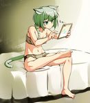  animal_ears barefoot bra braid cat_ears cat_tail crossed_legs green_eyes green_hair kuroneko_shiro midriff navel original panties sitting solo tablet tail underwear 