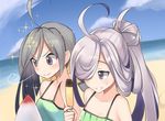  &gt;:) ahoge alternate_costume asashimo_(kantai_collection) banana_popsicle bare_shoulders beach camisole casual cloud commentary_request day eyebrows grey_hair grin hair_over_one_eye holding kantai_collection kiyoshimo_(kantai_collection) long_hair looking_at_another looking_down multiple_girls ocean outdoors ponytail sensen silver_hair sky smile sparkle v-shaped_eyebrows 