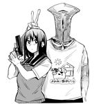  alien cow fukumaaya greyscale gun long_hair monochrome sailor_collar shirt short_sleeves simple_background sweater_vest t-shirt translation_request trigger_discipline v weapon white_background 