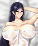  breasts fate/grand_order fate_(series) huge_breasts juno_(pixiv32541104) long_hair looking_at_viewer minamoto_no_raikou_(fate/grand_order) purple_eyes purple_hair see-through smile solo sweat towel wet wet_towel white_towel 
