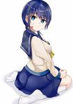  1girl ass blood blood_on_face blue_eyes blue_hair blush breasts corpse_party from_behind long_hair looking_at_viewer looking_back low_twintails school_uniform shinozaki_ayumi shirowa sideboob simple_background skirt smile socks solo twintails wariza 