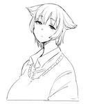  bangs breasts dress_shirt frown fuchibeppu_chiyuri fukumaaya greyscale hair_flaps large_breasts monochrome original shirt short_hair short_sleeves simple_background solo sweater_vest upper_body white_background 