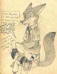  anthro bottomless canine clothed clothing dialogue disney duo fennec finnick fox hi_res male mammal nick_wilde size_difference spanking traditional_media_(artwork) tush zootopia 