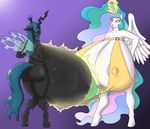  anthro areola big_breasts blush breast_expansion breasts changeling cleavage clothed clothing female friendship_is_magic huge_breasts hyper hyper_breasts marauder6272 my_little_pony nipples nude princess_celestia_(mlp) queen_chrysalis_(mlp) skimpy solo 
