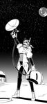  earth fukumaaya gloves greyscale helmet highres monochrome planet satellite solo space spacesuit standing star_(sky) 