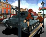  assam blonde_hair blurry bow brown_eyes brown_hair building city cloud commentary crusader_(tank) darjeeling day depth_of_field girls_und_panzer ground_vehicle hair_bow hand_up highres holding_hands lamppost long_hair looking_at_another military military_uniform military_vehicle minori_(ernte_c) motor_vehicle multiple_girls open_mouth orange_pekoe pleated_skirt purple_eyes red_hair road rosehip shadow short_hair sketch skirt sky smile st._gloriana's_military_uniform standing standing_on_one_leg street tank uniform walking 