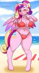  2016 anthro anthrofied beach big_breasts bikini blush breasts clothed clothing cloud cutie_mark equine eyelashes feathered_wings feathers female friendship_is_magic hair hand_behind_head hi_res hooves horn kloudmutt long_hair looking_at_viewer mammal multicolored_hair multicolored_tail my_little_pony navel nipple_bulge one_eye_closed outside princess_cadance_(mlp) purple_eyes sand seaside sky smile solo standing swimsuit towel water winged_unicorn wings wink 