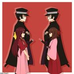  2girls :d black_eyes black_hair bow brown_eyes brown_hair cape commentary crossed_arms crossover devil_summoner drill_hair facial_scar gakuran hair_bow hair_ribbon harukaze_(kantai_collection) hat kamikaze_(kantai_collection) kantai_collection kuzunoha_raido kuzunoha_raidou long_hair meiji_schoolgirl_uniform multiple_boys multiple_girls open_mouth peaked_cap ribbon rukotaro samurai scar scar_on_cheek school_uniform smile twin_drills v_arms 