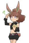  ? animal_ears blush brown_hair bunny bunny_ears bunny_mint bunny_mint_(cosplay) bunny_tail chiimako choker cosplay cowboy_shot detached_sleeves high_ponytail kodama_fumika long_hair midriff navel shorts simple_background solo tail white_background youkai_watch 