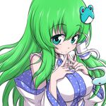  breasts detached_sleeves eyebrows eyebrows_visible_through_hair frog_hair_ornament green_eyes green_hair hair_ornament hanya_(hanya_yashiki) kochiya_sanae large_breasts long_hair looking_at_viewer simple_background sketch smile snake_hair_ornament solo steepled_fingers touhou white_background 