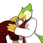 2016 aliasing anthro avian avian_(starbound) beak bird blush breasts clothed clothing digital_media_(artwork) duo feathers female flannel hug lizard male reptile scalie shirt simple_background starbound surprise talons trout_(artist) trout_(character) video_games 