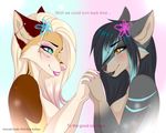  2016 anthro black_hair blake blue_hair breasts brown_eye brown_fur canine crossgender duo ear_piercing english_text eye_contact eyelashes female fox fur gradie gradiewoof green_eyes grey_fur hair hybrid invalid_tag mammal piercing pink_nose red_fur smile text wolf 