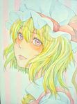  ascot blonde_hair flandre_scarlet graphite_(medium) hat highres lips looking_at_viewer looking_to_the_side mob_cap photo pink_eyes portrait short_hair solo touhou traditional_media watercolor_(medium) yuyu_(00365676) 